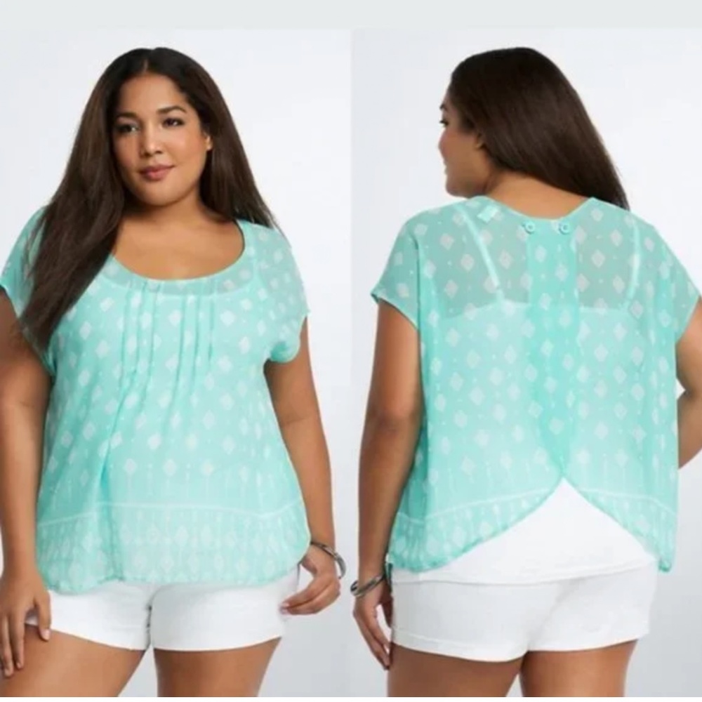 Torrid Plus Size Geo Print Tulip Back Sheer Top - image 1